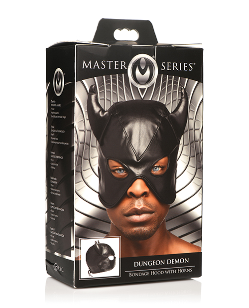 Thumbnail for Master Series Dungeon Demon Bondage Hood w/Horns - Black