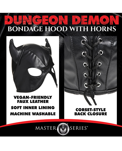 Thumbnail for Master Series Dungeon Demon Bondage Hood w/Horns - Black